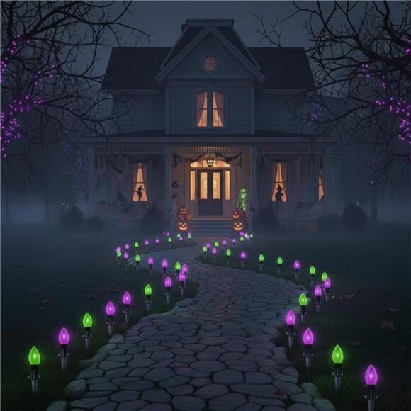 Halloween Stake Lights, 10PK C9 LED Pathway Lights with Purple & Green Bulbs - Picture 6 of 8